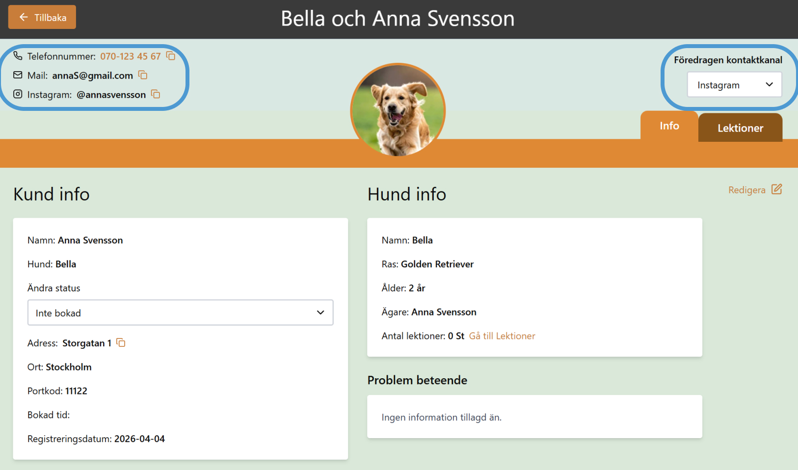 Client profile showing structured contact information